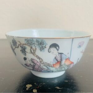 Antique Chinese Republic Period Porcelain Footed Poetry Bowl~4.5”
